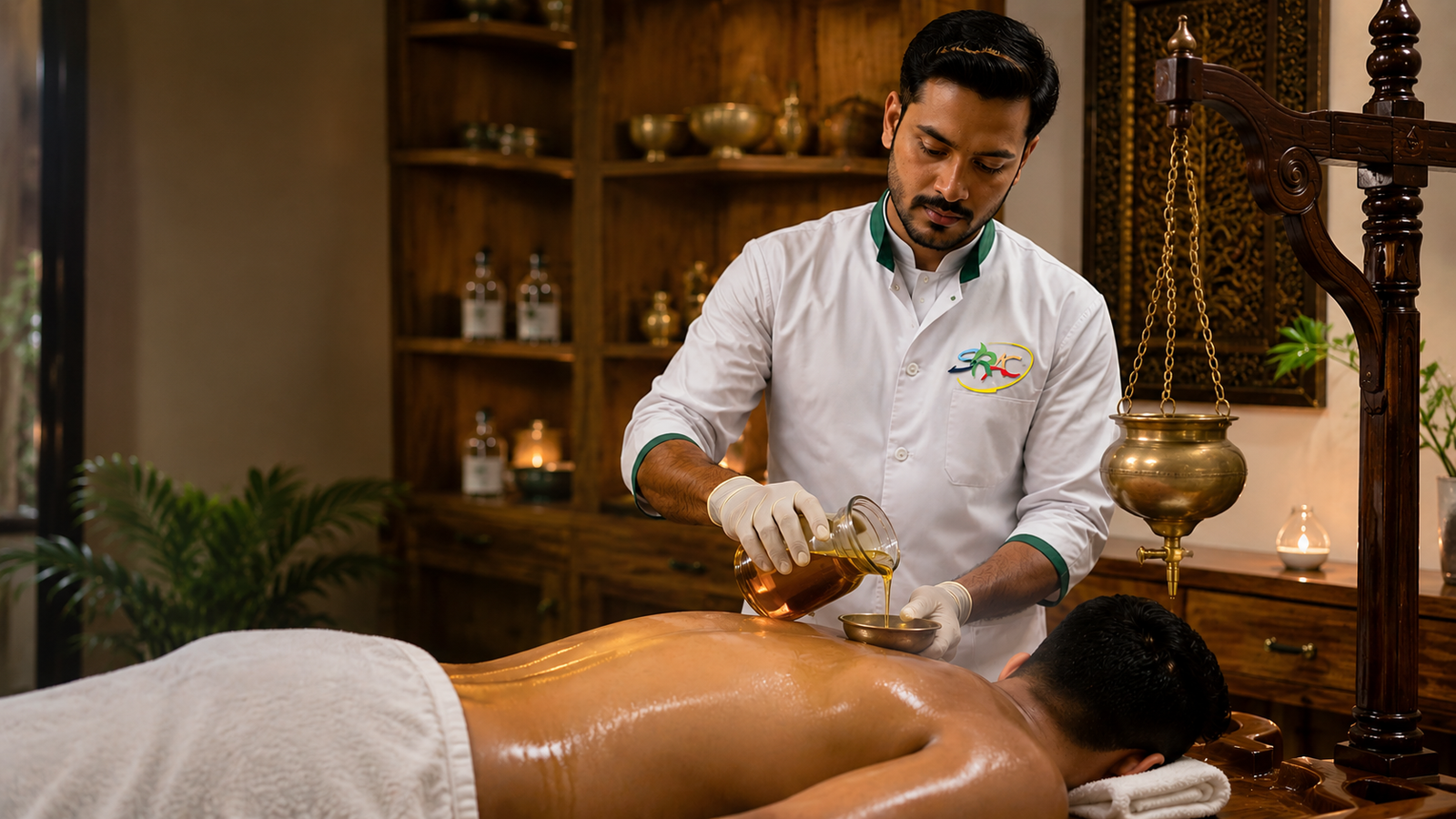 Ayurvedic Basti therapy session in a traditional wellness center, featuring a skilled practitioner pouring medicated herbal oil onto a patient in a serene treatment room with wooden décor and authentic Panchkarma equipment.