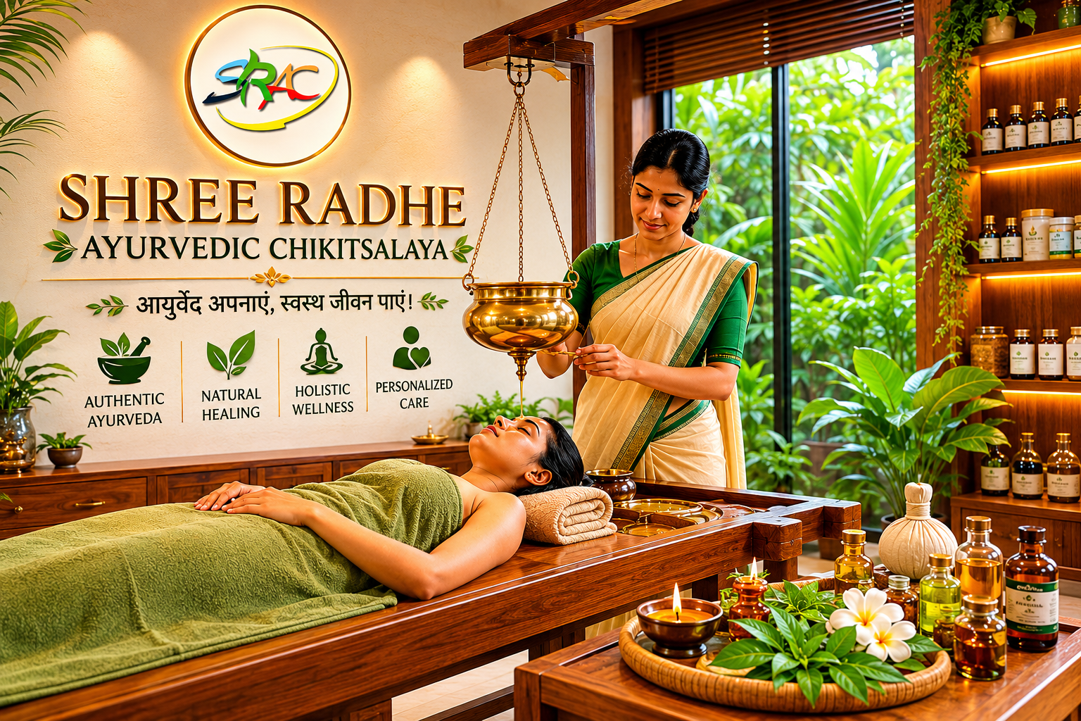 Shree Radhe Ayurvedic Chikitsalaya therapy room featuring traditional Shirodhara treatment, herbal wellness products, natural greenery, and a peaceful healing environment.