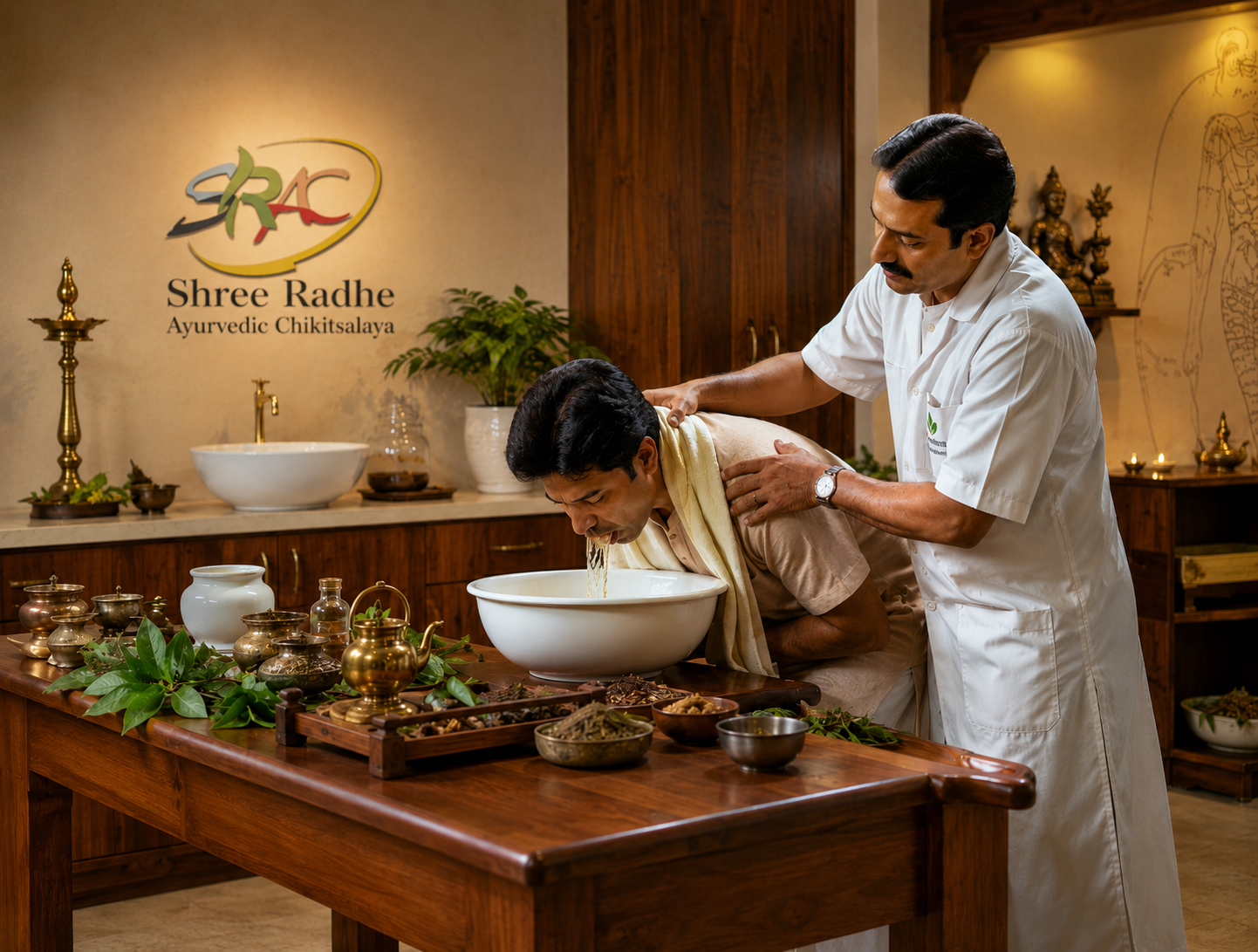 Traditional Vamana Therapy at Shree Radhe Ayurvedic Chikitsalaya, experienced Ayurvedic doctor assisting a patient during Panchakarma detox treatment in a warm and professional wellness clinic surrounded by herbal medicines and natural healing elements.