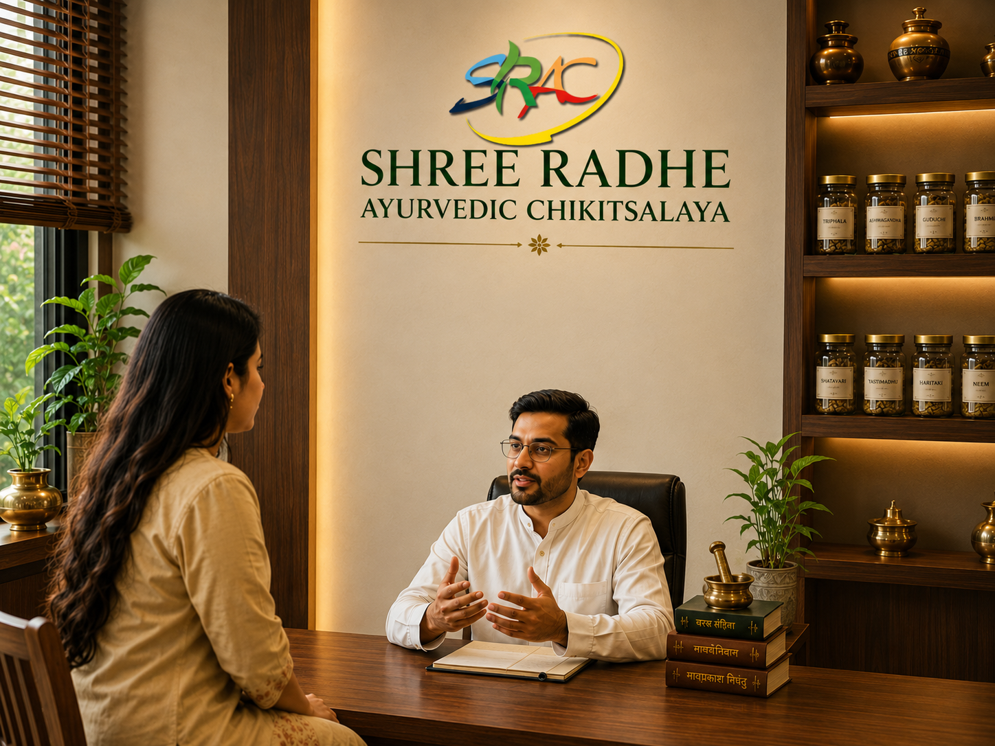 Ayurvedic doctor consulting with a patient in a modern wellness clinic, featuring the SRAC logo and Shree Radhe Ayurvedic Chikitsalaya branding, surrounded by herbal medicine jars, traditional Ayurvedic décor, and a warm healing atmosphere.